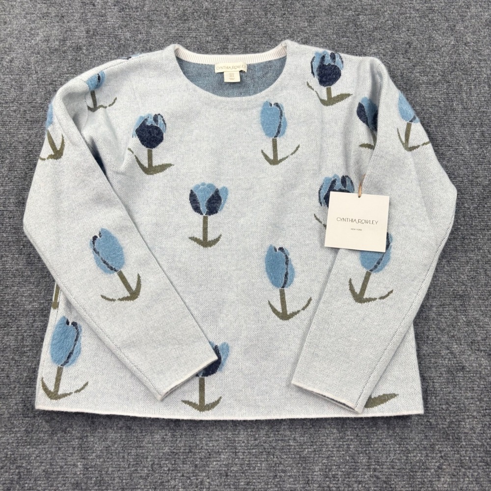 Cynthia Rowley Sweater Small Blue Floral Tulip Fuzzy Knit Pullover NWT Women's